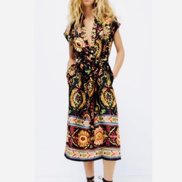 Zara Dresses & Skirts - Zara Gold and Red Midi Sundress with Plunge Neckline